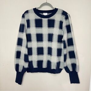 LULA ROE Navy & Gray Checkered Balloon Sleeve Crewneck Sweater, XL